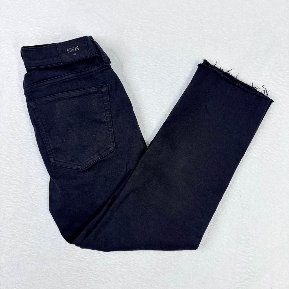 Edwin Bree Slim‎ Straight Crop Black Jeans Raw Hem Womens Size 29 Saitex Anthro